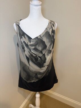 Robert Rodriguez Black and Gray Draped Satin-Overlay Knot-Shoulder Tank